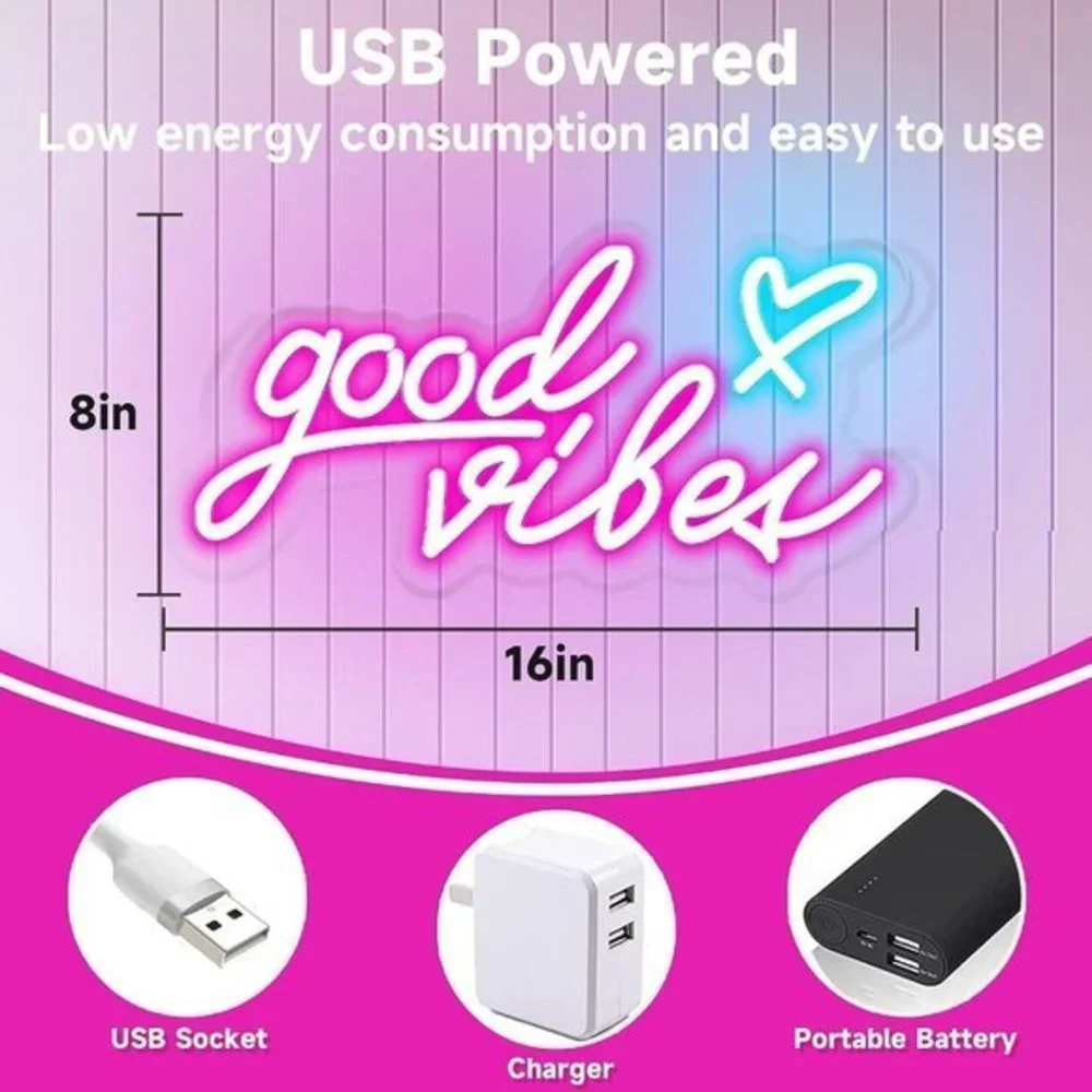 Airnesolly Good Vibes Neon‎ Sign USB Powered LED Lights 16 x 8 inch